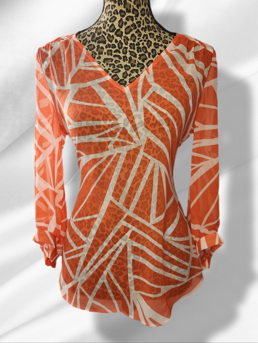 Banana Republic Orange & White Abstract V-Neck Tunic Top